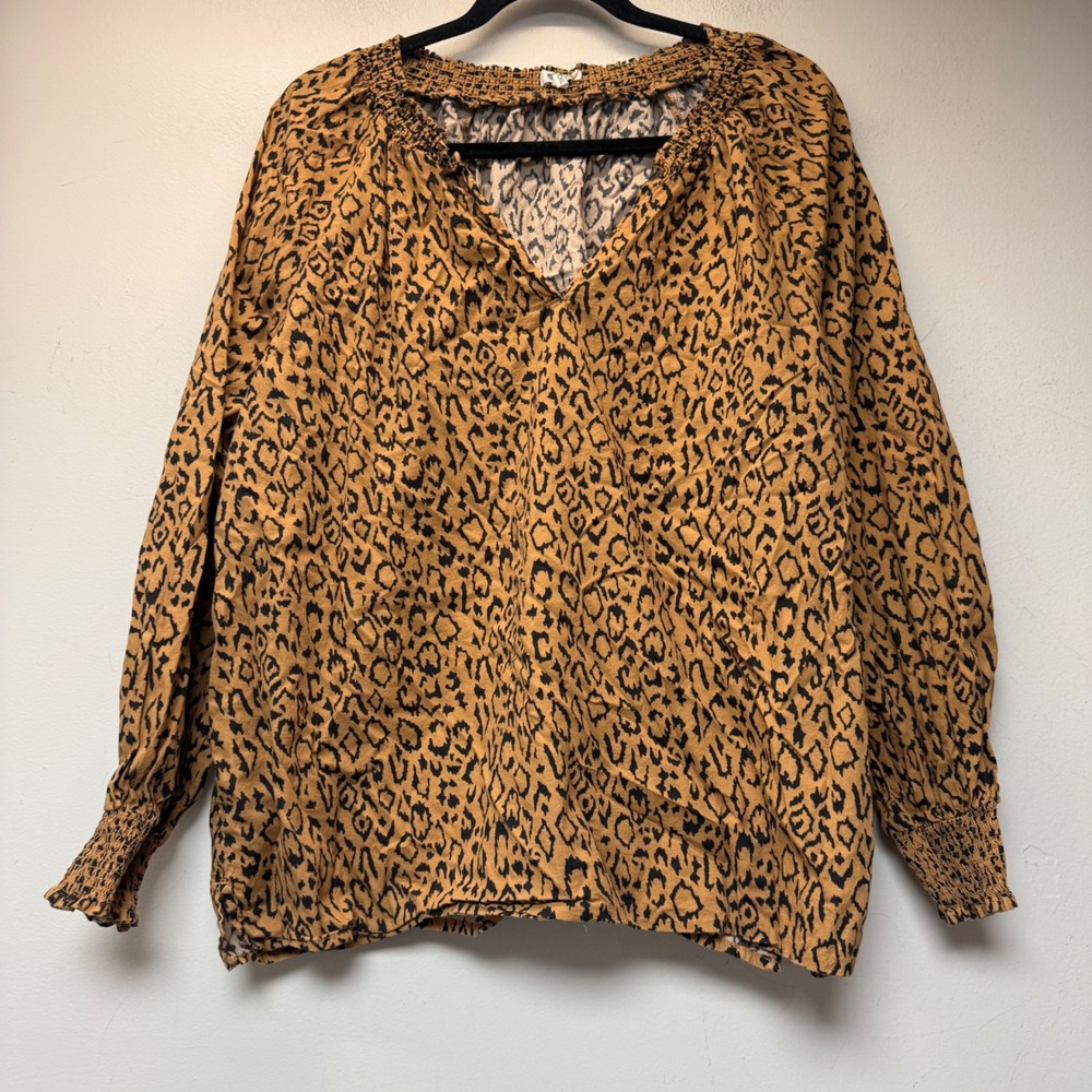 Maurices Blouse Womens XXL Tan Leopard Excellent Smocked Cotton Peasant Top